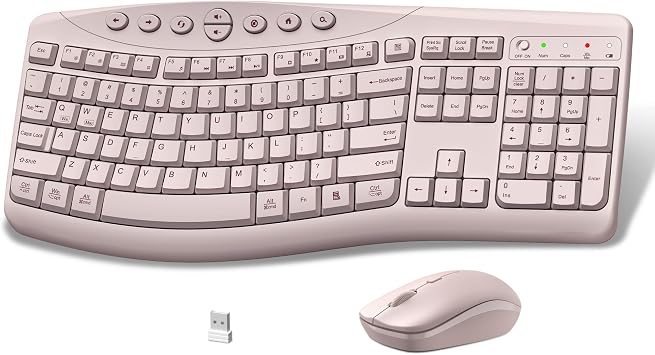 Wireless Keyboard and Mouse Combo, 2.4G Quiet Ergonomic Curved Keys(Pink)