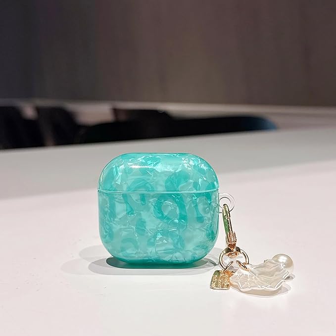 for Airpod 4 Cute Case with Shell Pearl Keychain Luxury Aesthetic Leopard Hard Protective Cover Compatible with AirPods 4th Generation Case 2024 for Girls Women (Turquoise Blue)