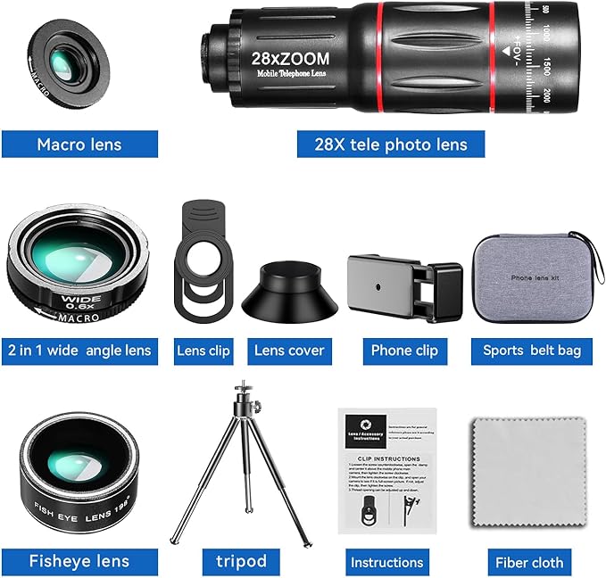 Cell Phone Camera Lens Kit Upgraded Version Telephoto 28X with Wide Angle 0.6X, Macro 20x, Fisheye 198°, Phone Lens Attachment Suitable for Most Smartphones (Black)