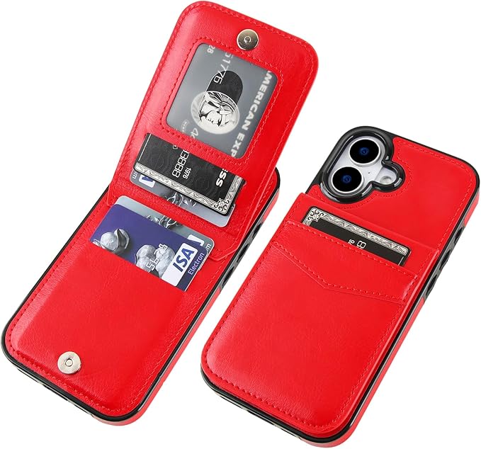KIHUWEY Compatible with iPhone 17 Case Wallet with Credit Card Holder, Flip Premium Leather Magnetic Clasp Kickstand Heavy Duty Protective Cover for iPhone 17 6.3 Inch (Red)