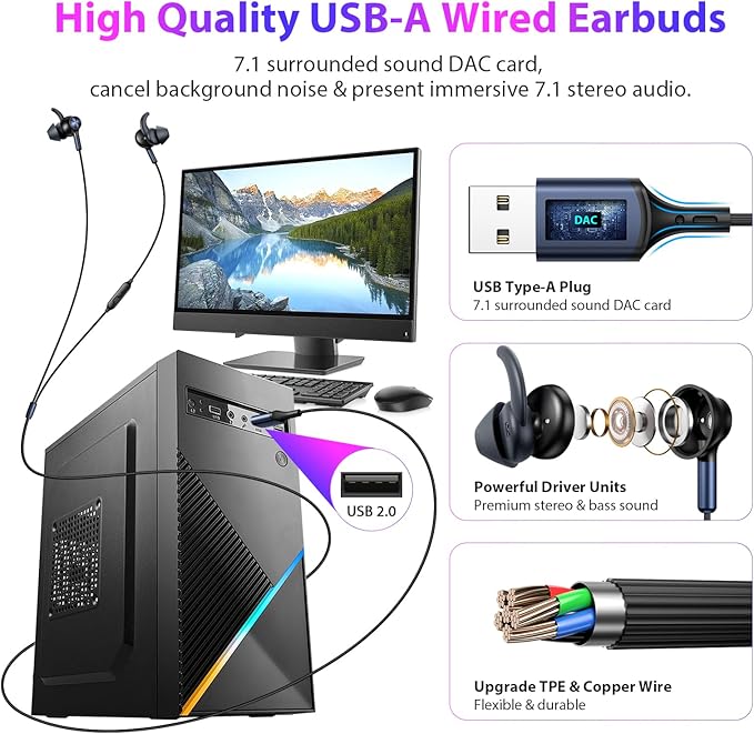 APETOO Wired Earbuds USB Computer Headphones with Anti-Fall/Hurt Wingtips for PC/Laptop/PS5 4 - Mute Mic, 7.1 Surround Sound, 7.5ft Noise Canceling in-Ear Type A Headset for Men/Women/Small Ear/Indoor
