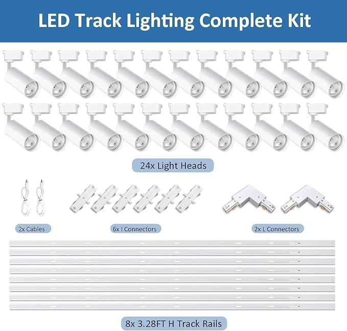 Super Brightness 4000K Natural Light Dimmable Brightness 25W 2000lm White H Type LED Track Lighting Kit System with 26 FT Track Rails, Ceiling Spotlight Fixture with Installation Package