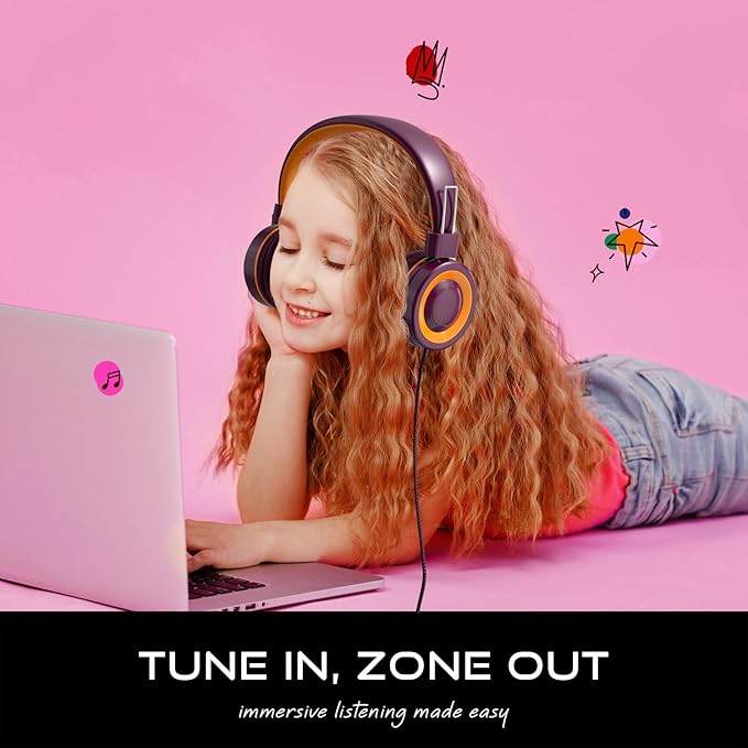 Kids Headphones with Cord, Foldable Over Ear Headphones for Kids with Microphone, Tangle-free Wired 85dB Safe Volume Toddler Headphones for iPad, School, and Airplane – Maroon