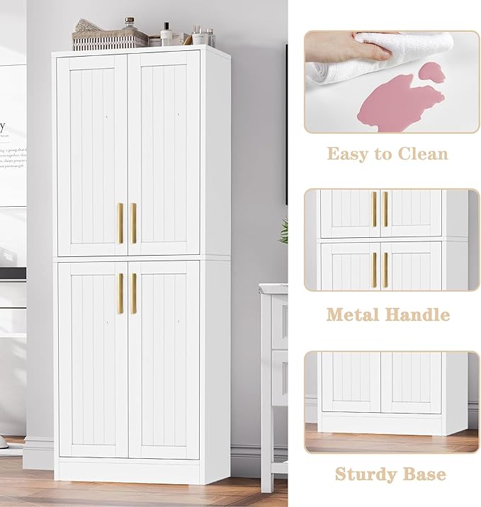 Kitchen Pantry Cabinet, Tall Storage Cabinet with Adjustable Shelves and 4 Doors, Farmhouse Freestanding Cupboard Hutch for Dining Room Living Room, Laundry, White