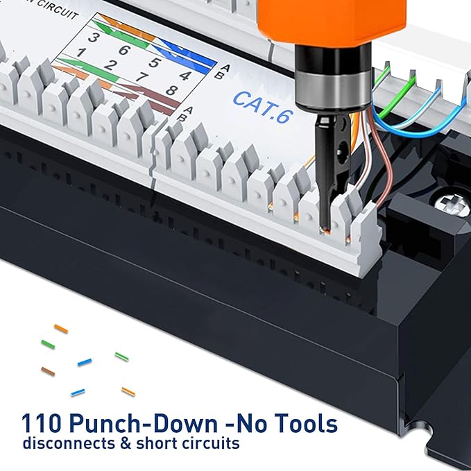 Cat6 Patch Panel 24-Port, UTP 1U 19-Inch Rack Mount Network Panel, All-in-One Design with Built-in Cable Management, Gigabit Ready Ethernet Punch Down Panel (110 Type Tool Compatible)
