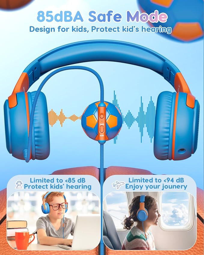 Kids Headphones Wired Toddler Headphones with Microphone, Over-Ear Headphones, 85/94dB Volume-Limiting, 3.5mm Jack, Foldable On-Ear Design - Safe & Comfortable for Learning & Entertainment