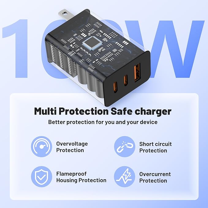 USB C Charger Block, 100W GaN 3-Port Super Fast Charging Station Hub,USB C Multi Wall Cube Plug,65W Type C Power Adapter Brick Box for MacBook Pro/Air,iPad,Apple iPhone 17 16 15 Pro Max,Samsung Galaxy