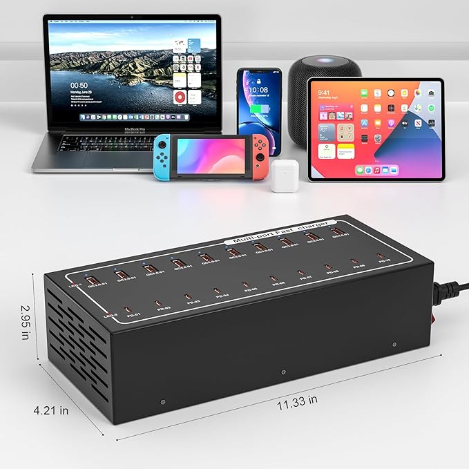 400W USB Charging Station, Charger with 10 PD Ports for MacBook Pro, iPhone, Smartphones, Tablets and Other Devices，Fast Compact Travel Adapter