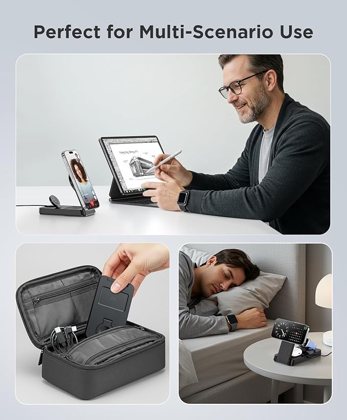3 in 1 Magnetic Wireless for iPhone Charging Station: Foldable Portable Charger for iPhone 17-12 Pro Max & Apple Watch & AirPods, for Apple Multiple Devices Charger for Home,Office&Travel