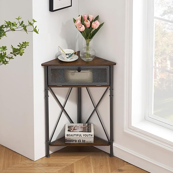 VECELO 3 tier Corner Table/Cabinet with Flip Door and Storage Shelves, Free-Standing Organizer for Compact Space in Living Room/Study/Lobby/Bedroom,Industrial