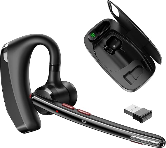 Bluetooth Headset V5.3, Wireless Headset with Dual Noise-Canceling Mics, Portable Charging Case, 300H Standby Time, Hands Free Headphones for PC/Cell Phones, Trucker/Office/Work