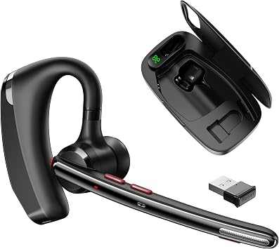Bluetooth Headset V5.3, Wireless Headset with Dual Noise-Canceling Mics, Portable Charging Case, 300H Standby Time, Hands Free Headphones for PC/Cell Phones, Trucker/Office/Work