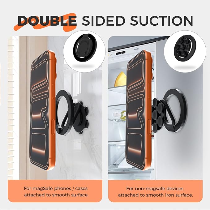 4 in 1 Sticky Phone Grip Holder for Magsafe,Double Sided/Suction Cup Case Mount,Magnetic Phone Stand for iPhone 17/16/15/14/13/12 Pro Max,Vacuum Ring Holder for Kindle/Android/Tiktok Content Creator