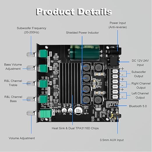 50W+50W+100W Amplifier Board with Treble and Bass Control, Bluetooth 5.0 HiFi 2.1 Channel Subwoofer Stereo Amplifier Board, Dual TPA3116D2 Chip BT and AUX Inputs for DIY Wireless Speakers (ZK-TB21)