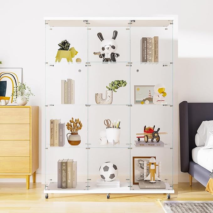 LFT HUIMEI2Y Glass Display Cabinet 12 Shelves with 3 Columns 2 Doors and Lock, Extra Large DIY Curio Cabinets Quick-Install Style Tempered Glass Floor Standing Bookshelf for Living Room, Kitchen White