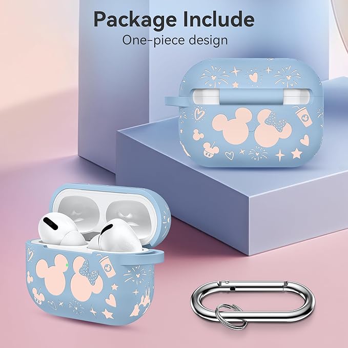 Compatible with Airpods Pro 2nd/1st Generation Case Cover with Keychain, Women Men Soft Silicone Two-Tone Cute Cartoon Engraved Convenience Protective Case, Front LED Visible Blue/Pink