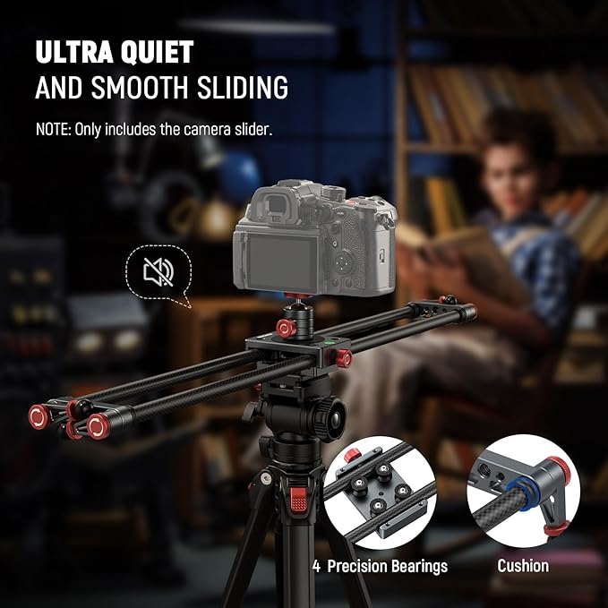 NEEWER 24in/60cm Carbon Fiber Camera Slider with 360° Ball Head/Phone Clamp/Action Camera Mount, Dolly Rail Track with 4 Bearings & Adjustable Legs, Compatible with GoPro Insta360 iPhone Android, CS2M