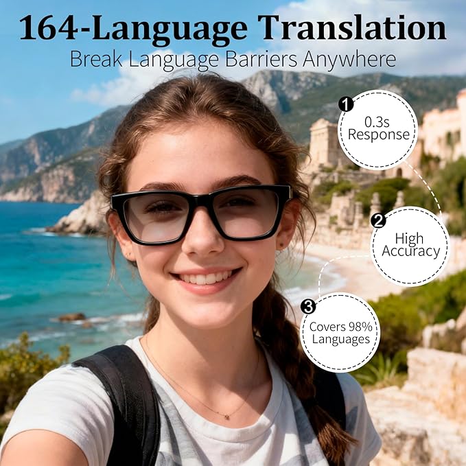 AI Smart Glasses with Real-Time Translation & Voice Assistant – Bluetooth Sunglasses with Noise-Cancelling Calls, Music, Touch Control, Photochromic Lenses, UV & Blue Light Protection-Black