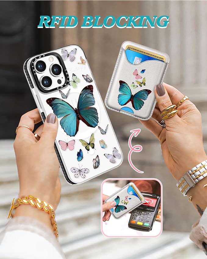 Toycamp for iPhone 15 Pro Max Case - Compatible with Magsafe Credit Card Holder Wallet Magnetic Cute Women Teen Girls Kawaii Girly Unique Butterfly Design Phone Cover for Apple 15 Promax 6.7"