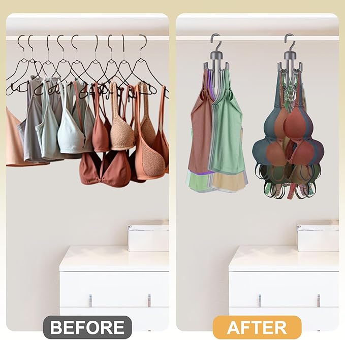 3Pcs Tank Top Hanger, Rotatable Bra Hangers for Closet Organizer, Max 72 Storage Capacity Belt Hanger, Plastic Space Saving Closet Organizers Apartment Dorm Essentials for Bra (2, Grey)