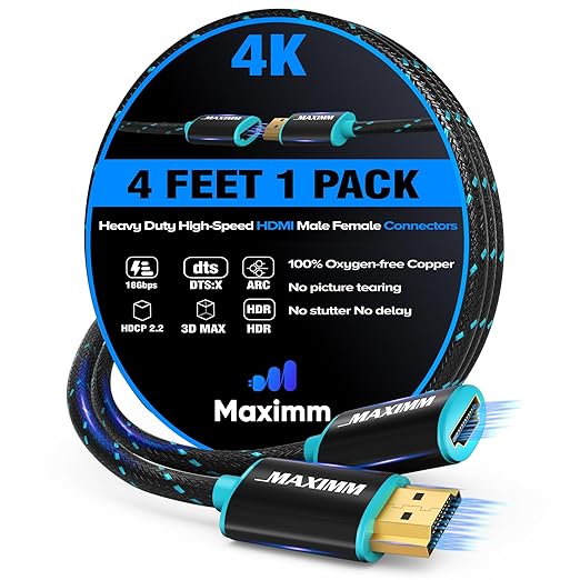 Maximm 4k Hdmi Cable 4ft, Hdmi Extender Cable Male to Female Hdmi Cord, Hdmi 2.0 Cable 120Hz Short Hdmi Cable (4ft)