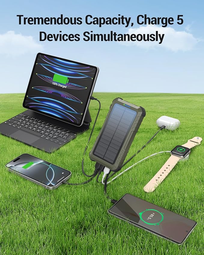 Power-Bank-Solar-Charger 45800mAh Fast Charging with 3 Built-in Cables LED Flashlight Portable External Battery Pack Compatible with All Smartphone, Tablet, Drone, Camera, etc.