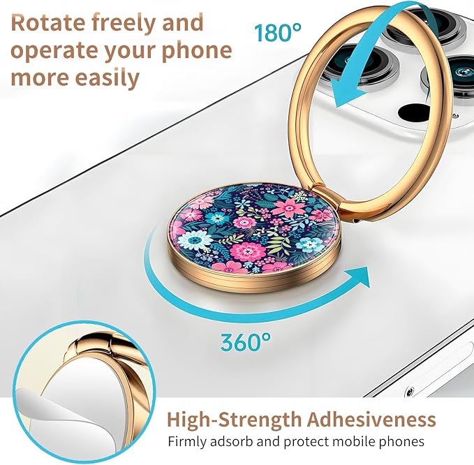 Cell Phone Ring Holder, Cute Metal Phone Grip Stand Finger Ring Kickstand, Flexible 360°Rotation Phone Tablet Case Accessories Compatible with Most Phones Purple Boho Flowers