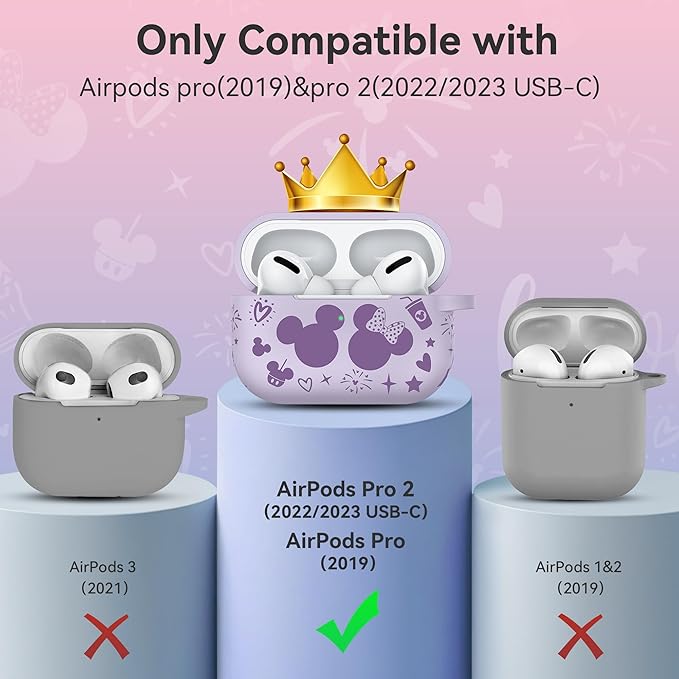 Compatible with Airpods Pro 2nd/1st Generation Case Cover with Keychain, Women Soft Silicone Two-Tone Cute Cartoon Engraved Convenience Protective Case, Front LED Visible Light Purple/Lavender