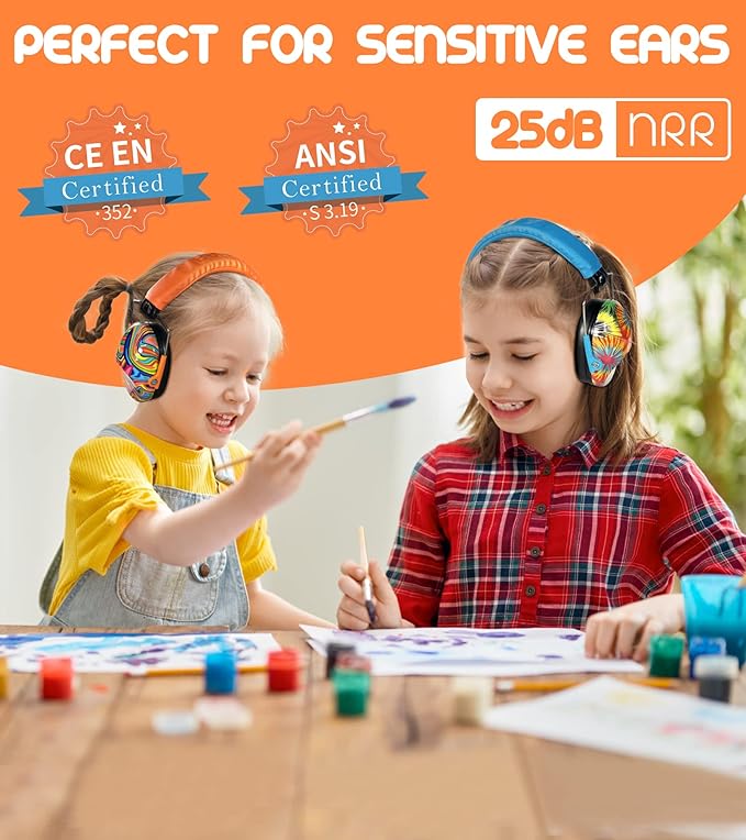 PROHEAR 032 2 Pack Kids Ear Protection, NRR 25dB, Adjustable Headband Safety Earmuffs for Sports Events, Concerts, Airports - Orange & Blue