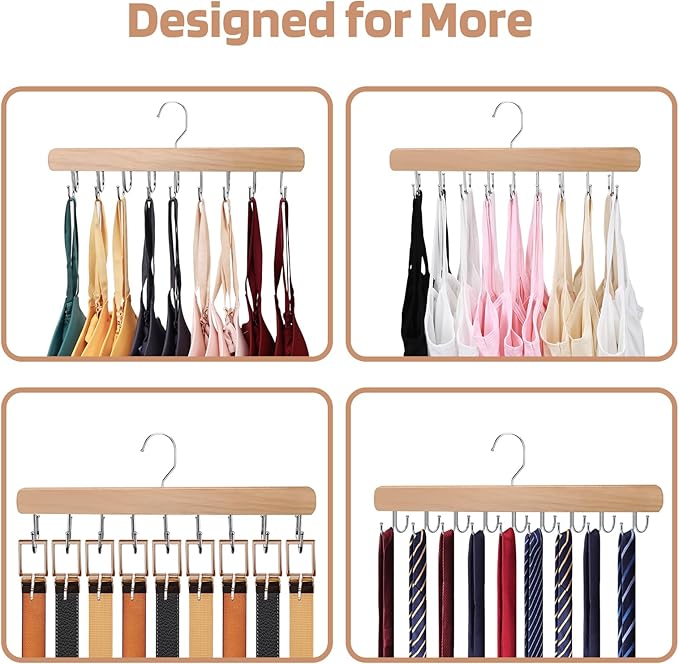 2 Pack Bra Hanger for Closet Organizer, Premium Wooden Tank Top Hangers with 40 Foldable Hooks, 360° Rotating Design, Space Saving Storage for Tank Tops, Bras, Scarves and More