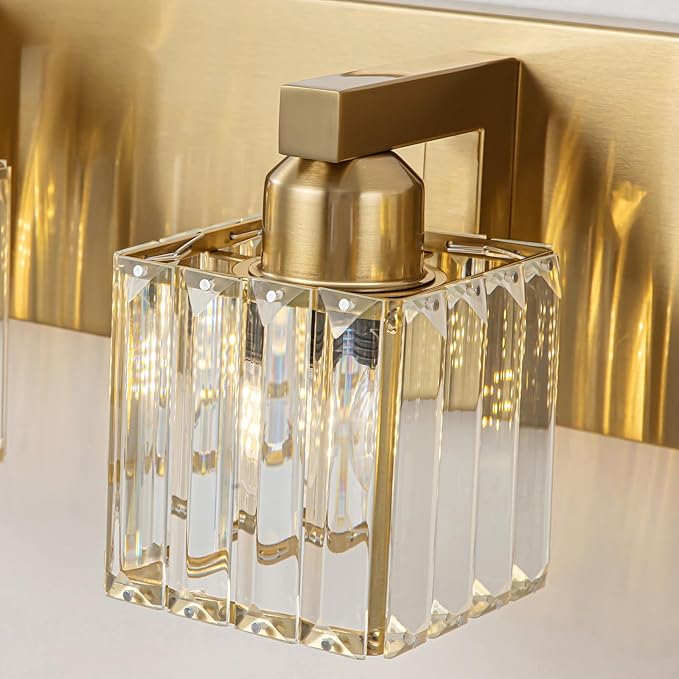 Gold Crystal Bathroom Vanity Lights, 4 Lights Bathroom Lighting Fixtures Over Mirror Modern Gold Crystal Bath Wall Light with Square Shade