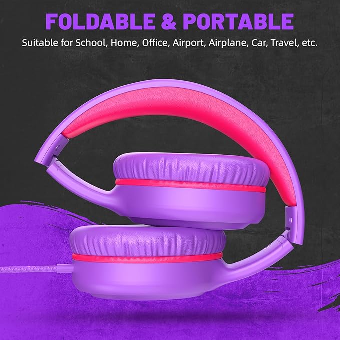 Purple Wired Headphones for Boys Portable On Ear Youth Headphones for School Airplane Travel Lightweight Portable Compatible with Pad Computer Laptop for Adults Student Children Girls Kids