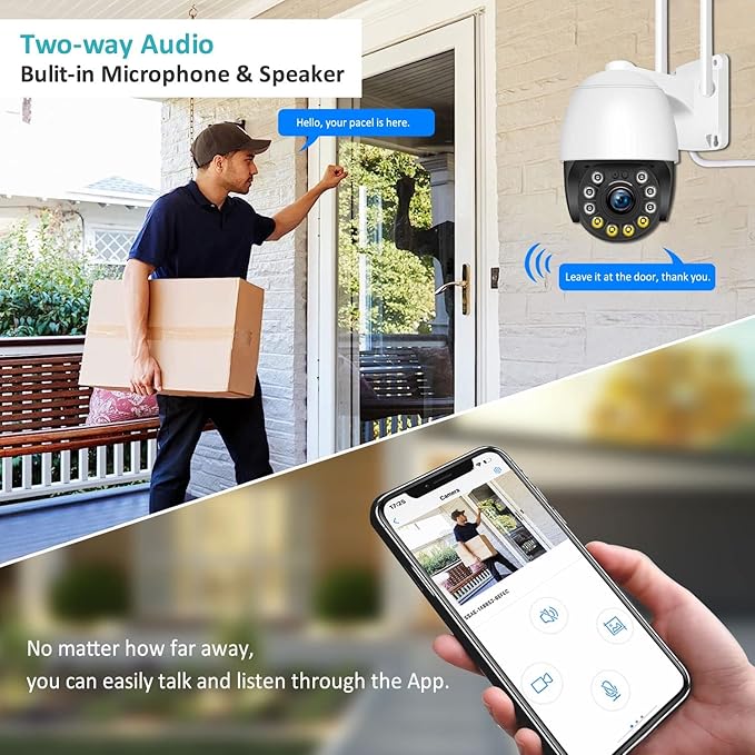 Security Camera Outdoor Wired with Night Vision Color, 360 WiFi Cameras for Home Security, Waterproof Video Surveillance Cameras, Motion Detection, Auto Tracking & Alarm, Fee Phone App and PC Software