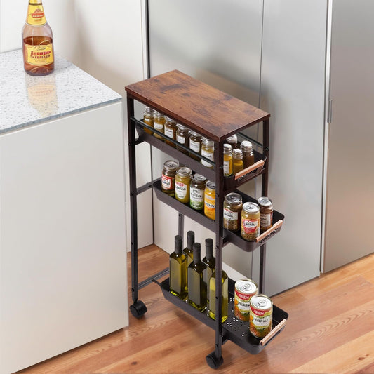 5 Tier Narrow Slim Rolling Cart Wood Top Storage Cart Black