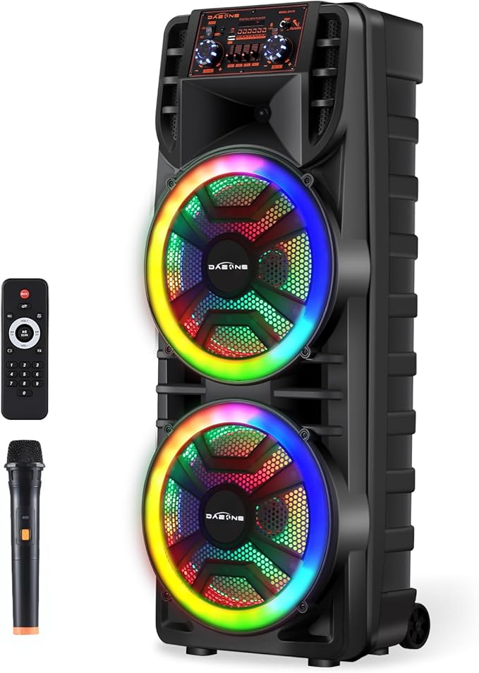 Wireless Bluetooth Party Speaker with Dual 12 Inches Woofers, Portable Karaoke Speaker System, Microphone & Remote, RGB LED Lights, Karaoke Machine with Bass, AUX/USB/TF/TWS/Echo, FM Radio