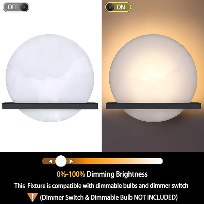 2 Pack 1 Light 8" Round Natural Alabaster Bathroom Wall Sconce Modern Concise Style Wall Light Fixture,Black Finish for Bedroom Hallway Bedside Living Room