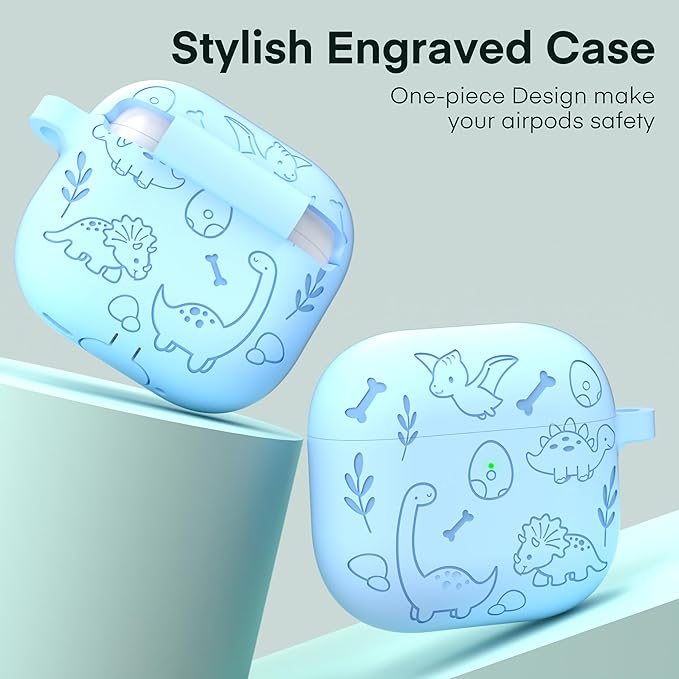 Maxjoy for AirPods 4 Case, Engraved Silicone Cute AirPod 4 Case for Women Men Protective iPod 4 Cover with Keychain Cleaning Kit for AirPod 4th Generation Cover 2024, Dinosaur Blue