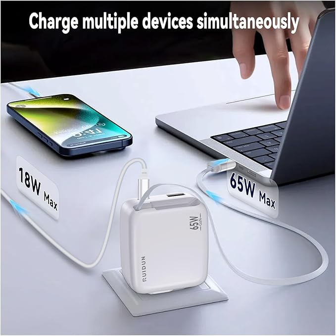 65W Retractable USB C Charger,3 in 1 Fast Charging Block with Foldable Plug,GaN Fast Charging Travel Charger for MacBook,iPad,iPhone 17/16/15,Galaxy