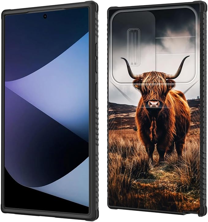 for Galaxy S26 Ultra Case Built in Slide Camera Lens Cover,Heavy Duty Shockproof Protection Dual Layer Case for Samsung Galaxy S26 Ultra 6.9" 2026,Brown Highland Cow