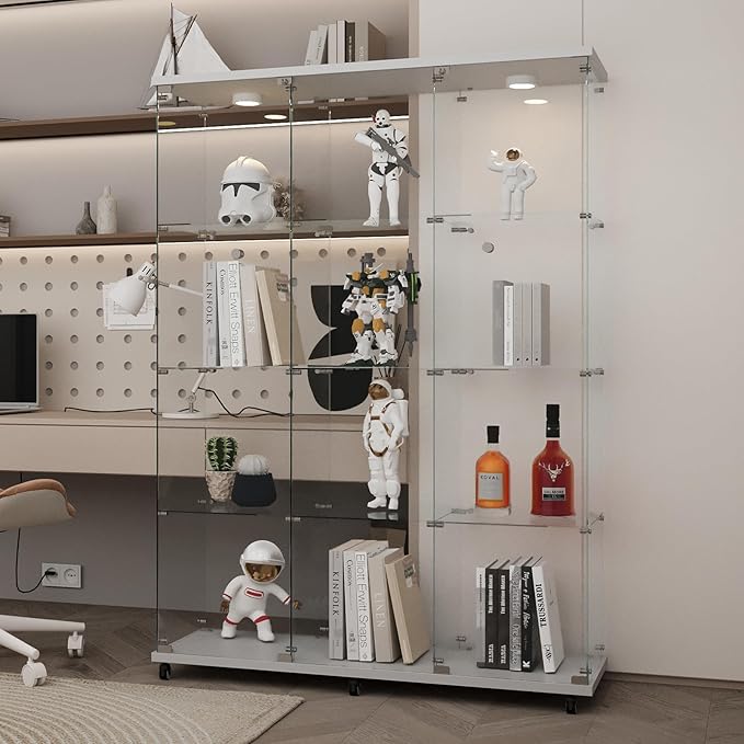 LFT HUIMEI2Y Glass Display Cabinet 12 Shelves with 3 Columns 2 Doors, LED Light and Lock, Extra Large Curio Cabinets Quick-Install Style Tempered Glass Bookshelf for Living Room, Kitchen White