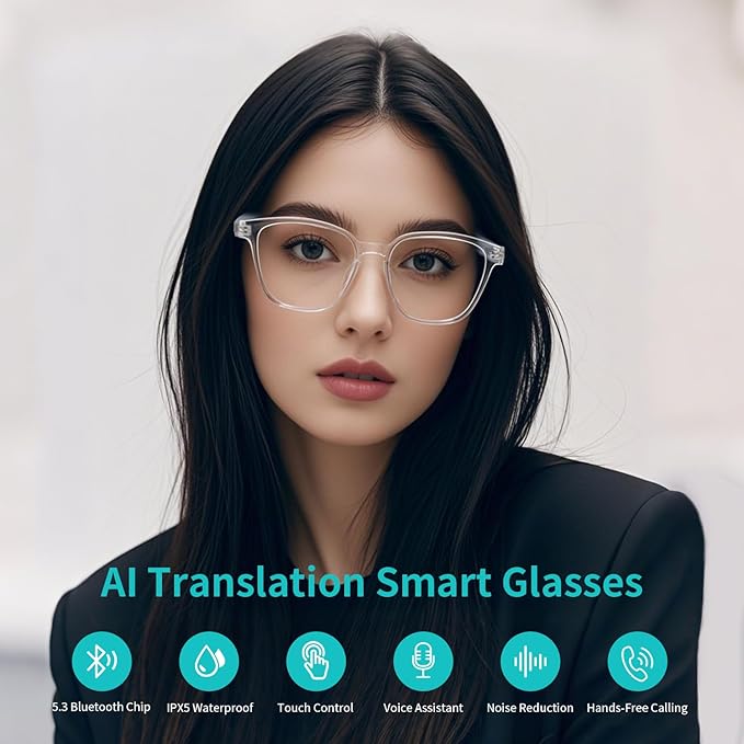 AI Translator Smart Glasses, Real-Time Bilingual Translation, Simultaneous Interpretation Glasses with Photochromic Lenses Transparent Frame, 165+ Languages, Lightweight Design for Travel & Business