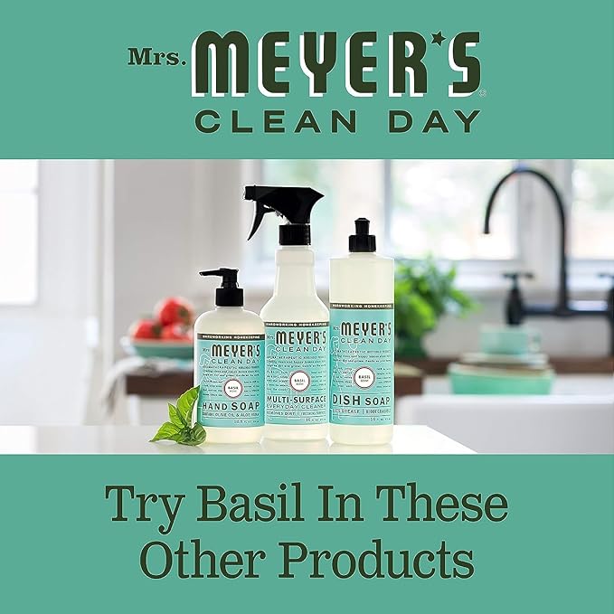 Mrs. MEYER'S Clean Day Basil Scent Variety, 1 Room Freshener 8 OZ, 1 Liquid Dish Soap 16 OZ, 1 Liquid Hand Soap 12.5 OZ, 1 Multi-surface Cleaner 16 OZ, Basil, 1 CT