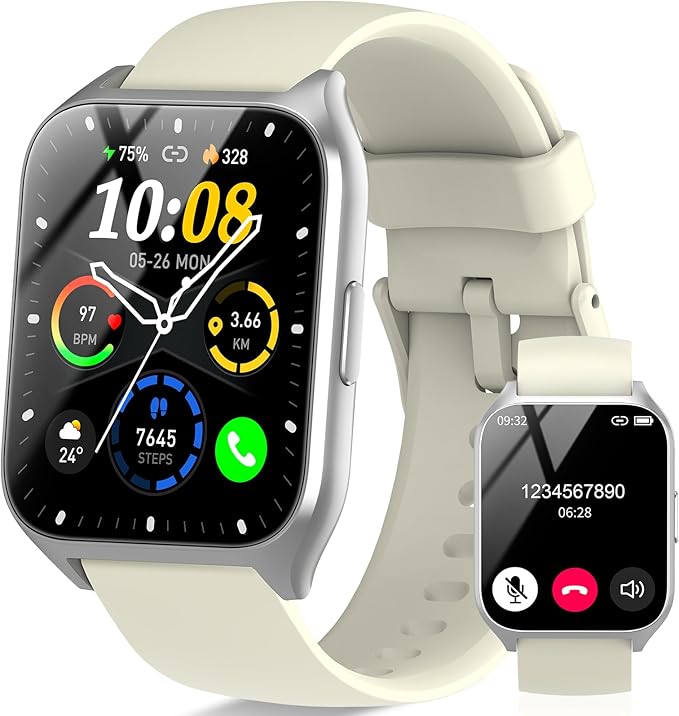 Smart Watch, 1.85" HD Smartwatches for Men Women (Answer/Make Calls), 100+ Sport Modes Fitness Tracker Watch, Heart Rate/Sleep Monitor, IP68 Waterproof Activity Tracker, Smartwatch Bee White