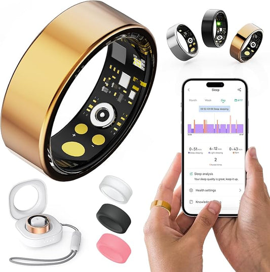 Health Rings for Women Men, Fitness Tracker with Heart Rate,Blood Oxygen, Blood Pressure, Sleep/Step Tracker, IP68 Waterproof Smart Ring for iPhone & Android (Gold, 13#)