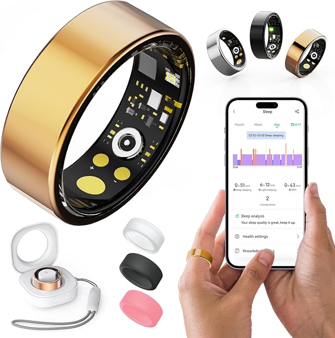 Health Rings for Women Men, Fitness Tracker with Heart Rate,Blood Oxygen, Blood Pressure, Sleep/Step Tracker, IP68 Waterproof Smart Ring for iPhone & Android (Gold, 8#)