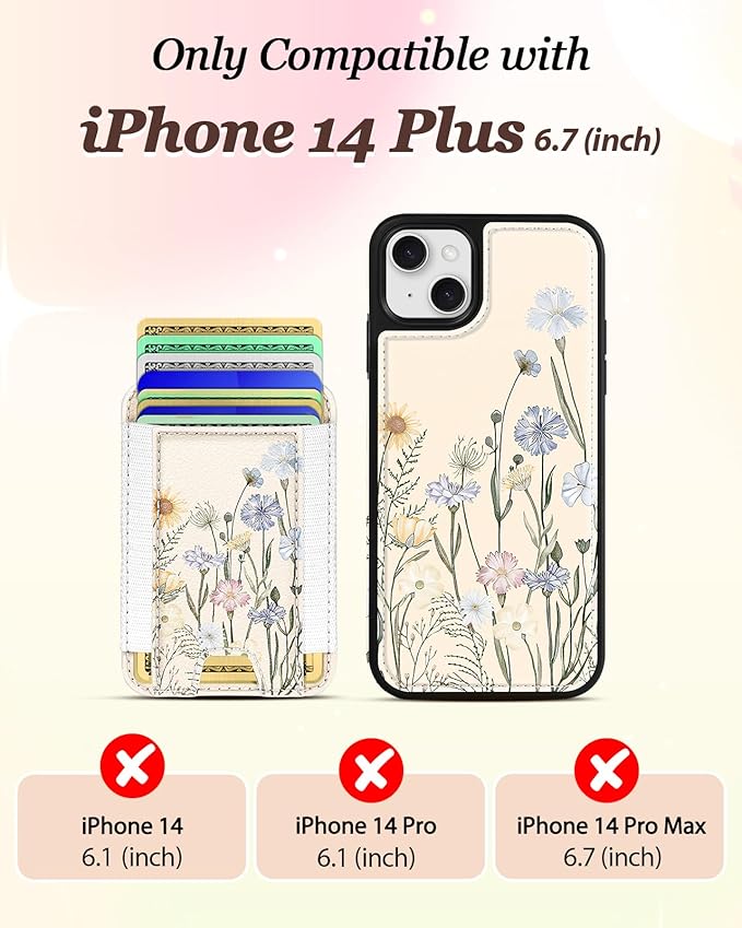 Shorogyt for iPhone 14 Plus Wallet Case - Fits 5 Cards, Compatible with Magsafe Detachable Magnetic Credit Card Holder Leather Cardholder Cute Phone Cover Women Girls for Apple 14Plus, Color Flower