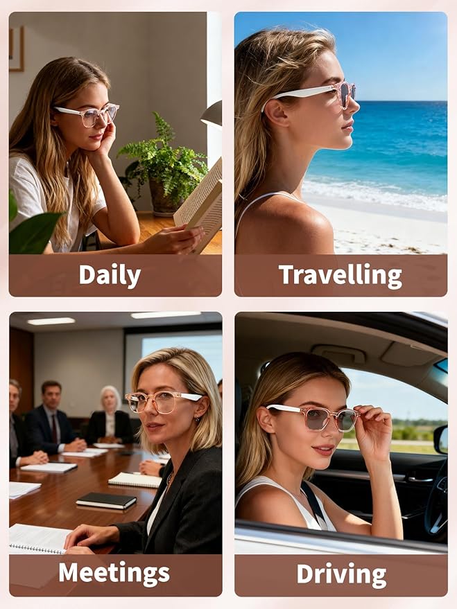 Smart Glasses for Women, Bluetooth Glasses with AI Translation & Color-Changing Blue Light Blocking Lenses, Touch Control Voice Assistant for Business, Travel, Meetings