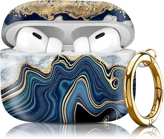 Compatible with Airpod pro 2nd/1st Generation Case Cover with Gold Round Keychain Cute Pattern Hard & Anti Slip Cover for Men Women & Girls（Blue and Gold）