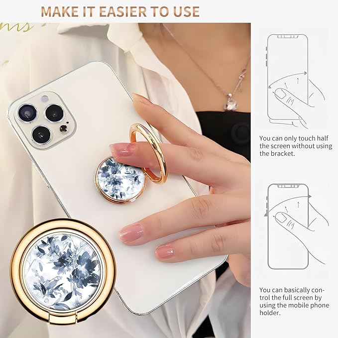 Cell Phone Ring Holder, Cute Metal Phone Grip Stand Finger Ring Kickstand, Flexible 360°Rotation Phone Tablet Case Accessories Compatible with Most Phones Luxury Blue Flowers