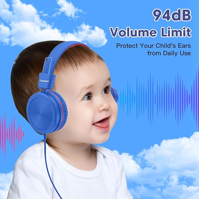 Kids Headphones, Toddler Headphones with Safe Volume Limiter 94dB, Wired School Headphones for Kid, 3.5mm Adjustable On-Ear Headphone for Boys/Girls/Children/Teens/iPad/Computer, Navy Red